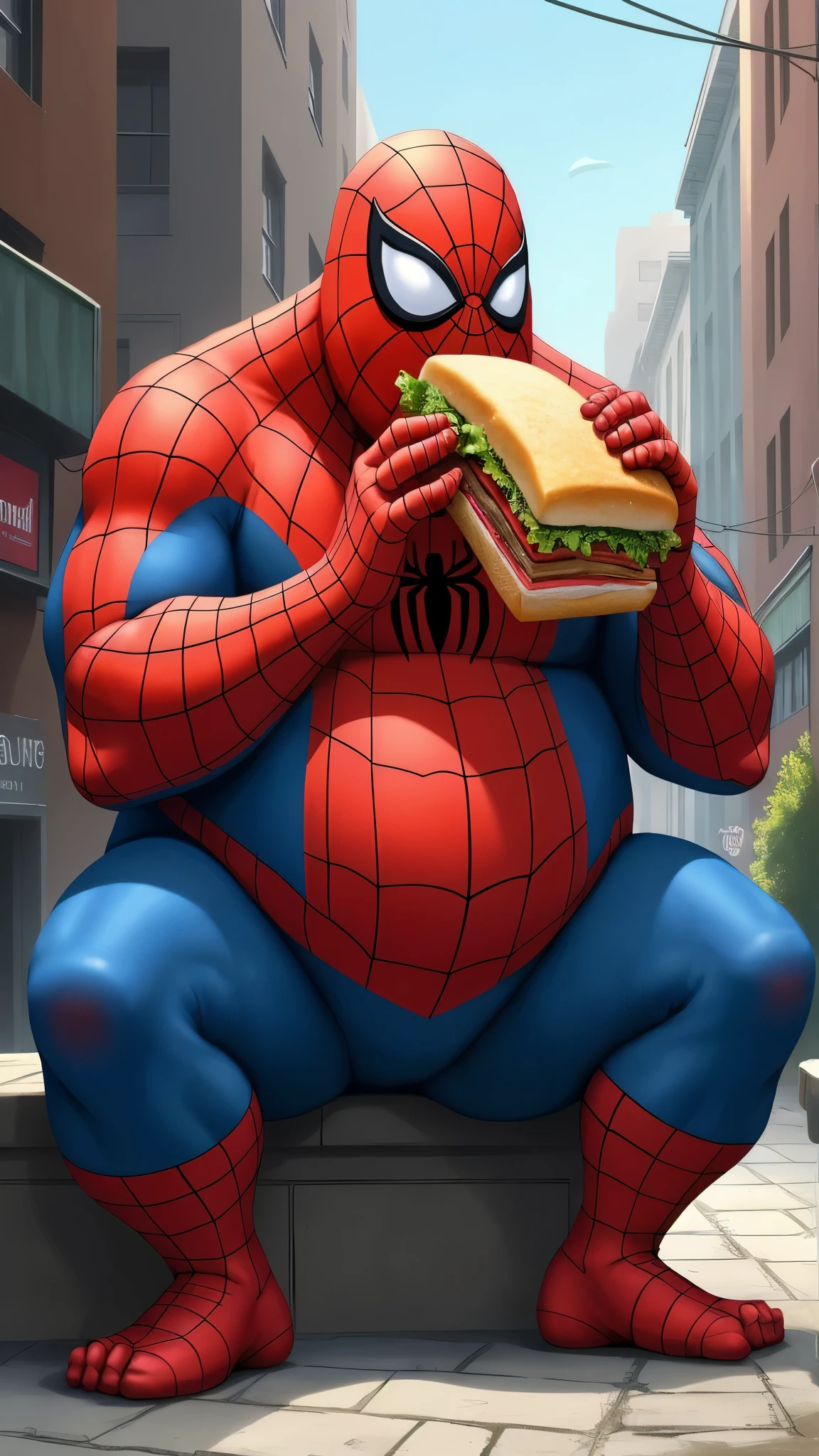 One very fat Spyderman eating sandwich