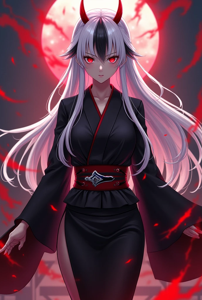 create me an original character from demony slayer, in the art style of demon slayer (description: female hashira, long white straight hair with black highlights, crimson red sharp eyes, wearing a black kimono, beautiful)