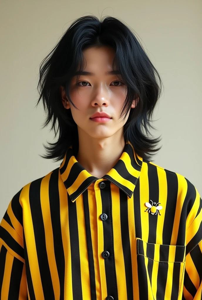 A  male with long, voluminous straight hair wearing a black and yellow striped outfit with a tiny bee design in the middle of the shirt 