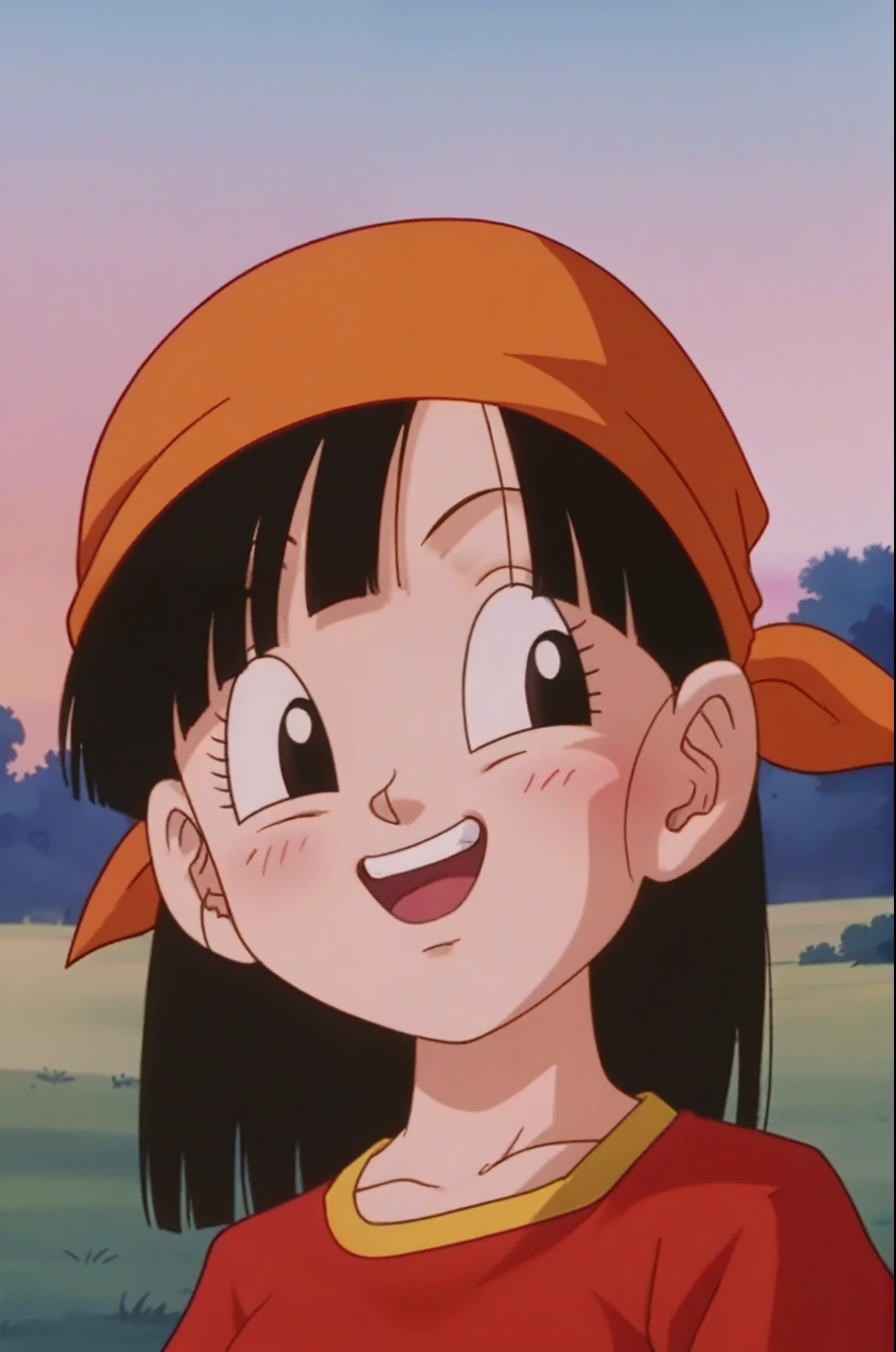source_anime, score_9, score_8_up, score_7_up, anime screencap, 
pangt, 1girl, smile, bangs, happy, blushing, grass, black hair, field, sunset, Watching the sunset, collarbone, whole body, teeth, blunt bangs, outdoors, black eyes, eyelashes, upper teeth only, close-up, red crop top, bandana, retro artstyle, , 1990s \(style\), orange headwear, medium ass, medium breasts
