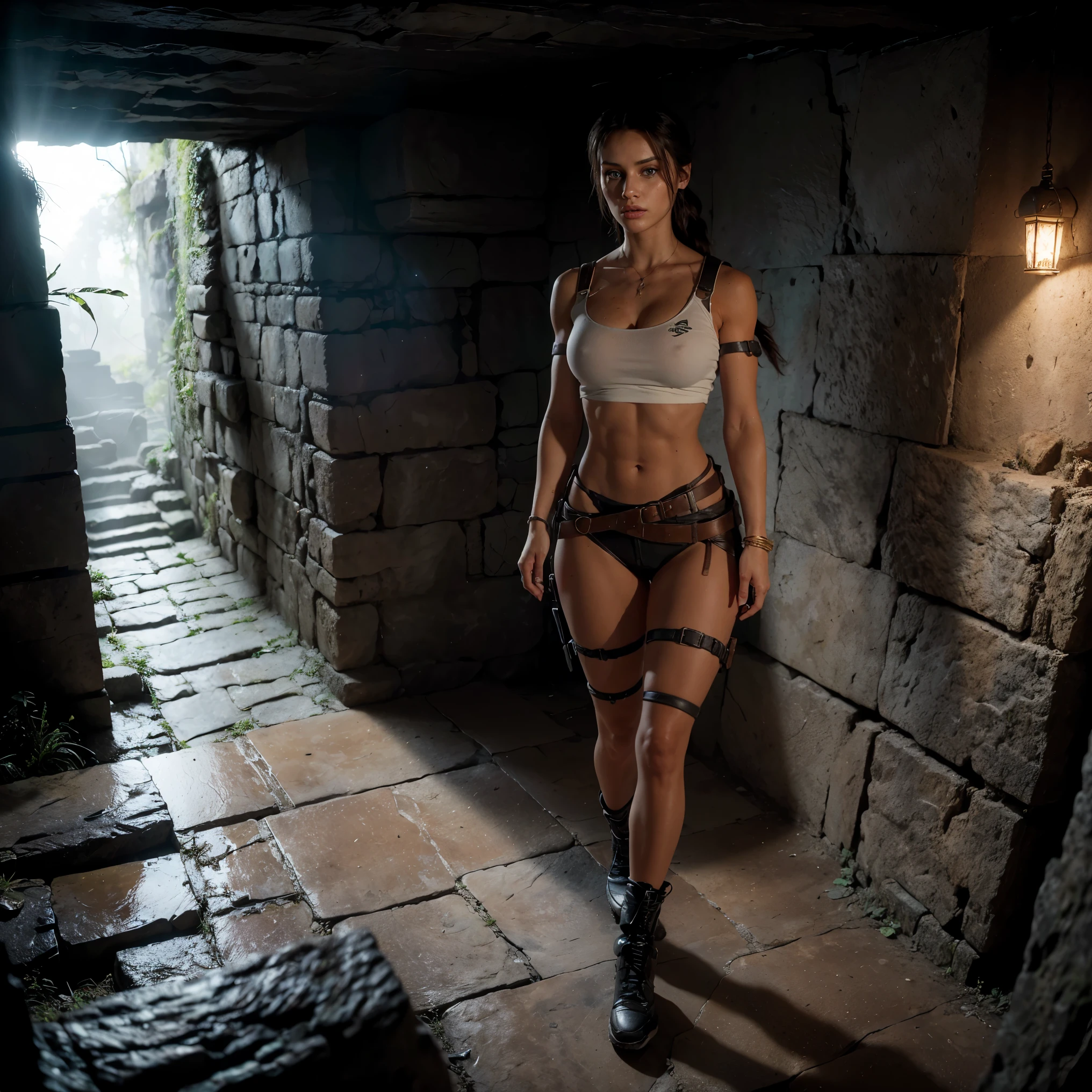 (ultrarealistic), (best quality, 4K, 8k, masterpiece:1.2), 1 woman, alone, Lara Croft from video game Tomb Raider, tomb Raider Underworld, Rise of the Tomb Raider, Shadow of the Tomb Raider, looks into the camera, good quality, 18 year old woman, alone, outside, The woman is brightly lit, Woman is evenly lit, wearing tomb raider outfit, lara croft, tombraider white crop top, tomb raider brown hot pants, has leather straps on each leg with golden clasp, leather belt with golden clasp, leather straps on legs, wears leather armbands, wears straps with holster around legs, leather band that holds chest from below, straps that support chest from below, brown hair, narrow waist, slim body, Thin body, very thin figure, fragile figure, no visual abdominal muscles, hourglass body shape, fragile physique, thin fragile arms, contradictory to the rest of the body: noticeable big breasts that do not fit to fragile body physique, flawless skin, full lips, narrow shoulders, monochromatic eyes, ((bright eyes)), light blue eyes, very detailed eyes, BEAUTIFUL HANDS, detailed fingers, natural fingers with natural nails, Perfectly straight white teeth, ancient mayan ruins, ancient stone structures, vividly weathered ruins, dense jungle foliage, dripping moss, Ruin exploration, walking, hands on upper thighs Full body shot, (view from above)