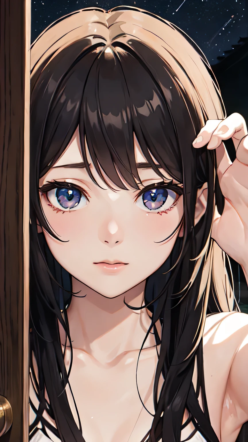 ((best quality)), ((masterpiece)), (detailed), 1girl, sexly,night,Almond Eye,In the dream of a tropical night, The shadow dancing with you, The starlight illuminates, Secrets for just the two of you ,In the tropical night, we dance,Close up of face