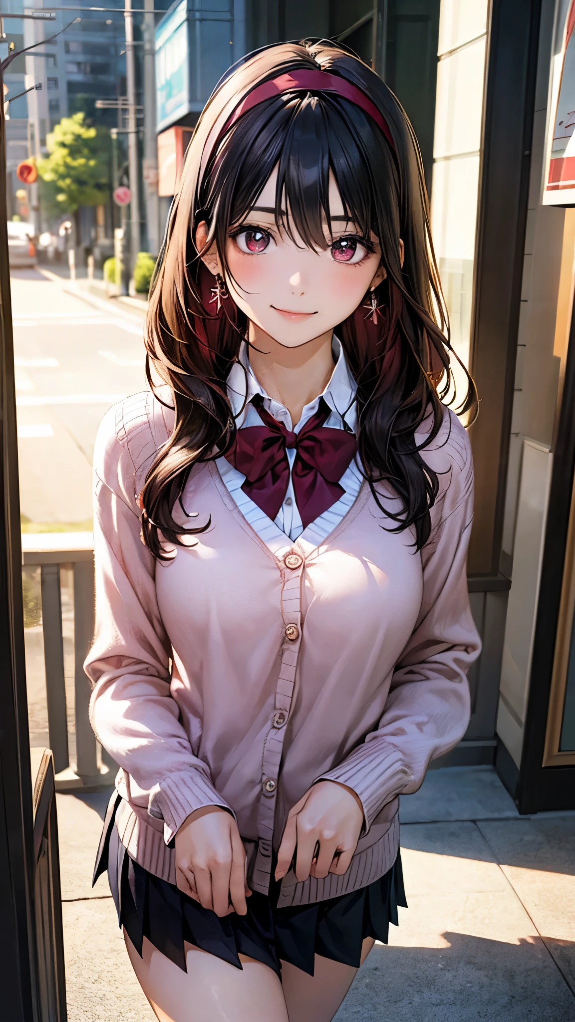 (masterpiece:1.2, highest quality), (realistic photo:1.4), beautiful illustrations, (natural side lighting, movie lighting),
looking at the viewer, 1 girl, japanese, high school girl, perfect face, cute symmetrical face, shiny skin, baby face,
(long hair, straight hair, black hair), hair between eyes, maroon eye idol chest, seductive thighs, big ass), earrings, break (dark red hairband, dark red flat bow tie), break
beautiful hair, beautiful face, detailed and beautiful eyes, beautiful clavicle, beautiful body, beautiful breasts, beautiful thighs, beautiful feet, beautiful fingers, slender,
(white collared shirt, long sleeve pink knit cardigan, black pleated mini skirt), break navy school bag,
(beautiful scenery), evening, (downtown:1.2), walking, (cute smile, upper eye),