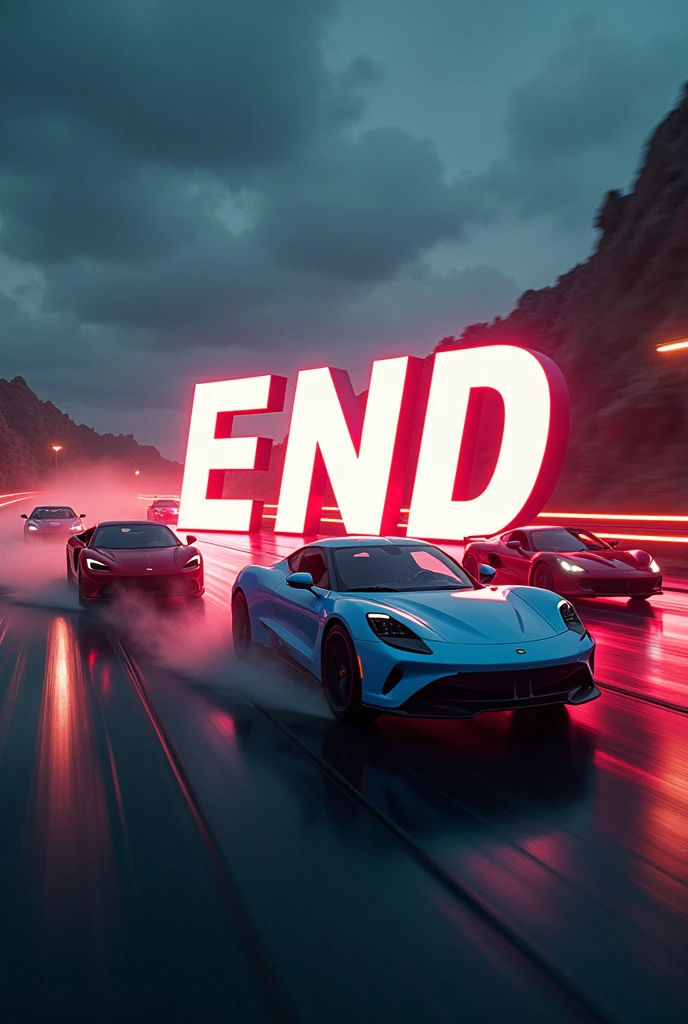 End written in the middle of the screen and sports cars in the background