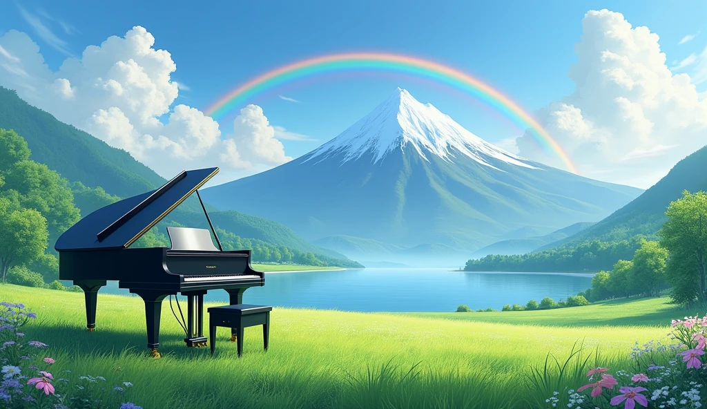 「A black grand piano standing in a lush green field、A rainbow over a lake and a majestic mountain range、Tranquil scenery」
Big rainbow arch light: Asahi、Soft light season: Summer painting style: Photo style、
others: fog、Colorful flowers、
