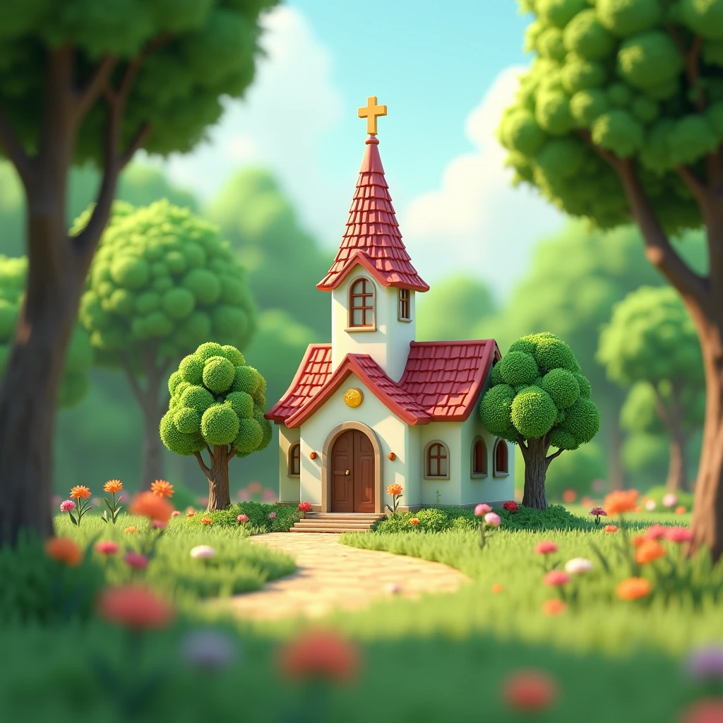 黄緑色のchurch、Gloria Studio, The garden is full of fresh green trees.,church、 Fairy tale、Clay Materials, Cartoon design style, POP MART, Soft lighting, Smooth lines, Tilt-shift lens, Detailed sci-fi illustrations, Ultra-Realistic Details,