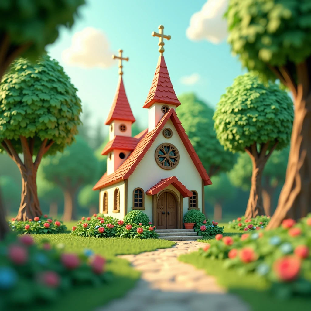 黄緑色のchurch、Gloria Studio, The garden is full of fresh green trees.,church、 Fairy tale、Clay Materials, Cartoon design style, POP MART, Soft lighting, Smooth lines, Tilt-shift lens, Detailed sci-fi illustrations, Ultra-Realistic Details,