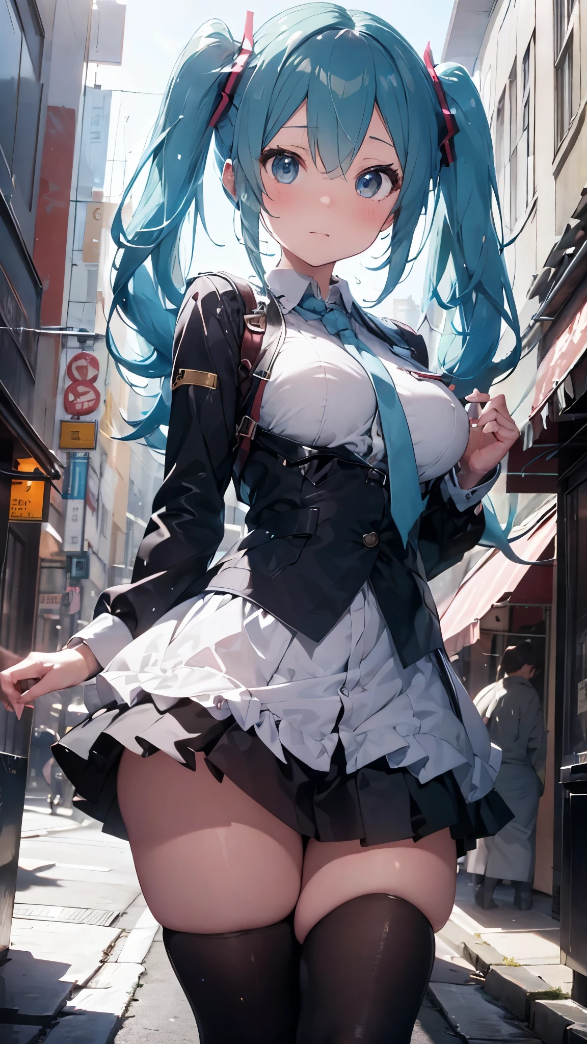 top-quality,in 8K,masterpiece,highly detailed,Impressionism,Photorealsitic,deep-shadows,blurry backround,Official art,ultra-detailliert,realisitic,Cinematic lighting, film grains,perfect anatomy,anatomically correct,depth of fields,elaborate design,solo,very sexy girl,Hatsune Miku,beautiful detailed droopy eyes,shy,blushing,slender body,tits,super detailed shiny skin,super detailed cute uniform,Half-naked girl,detailed skirt,in futuristic big city