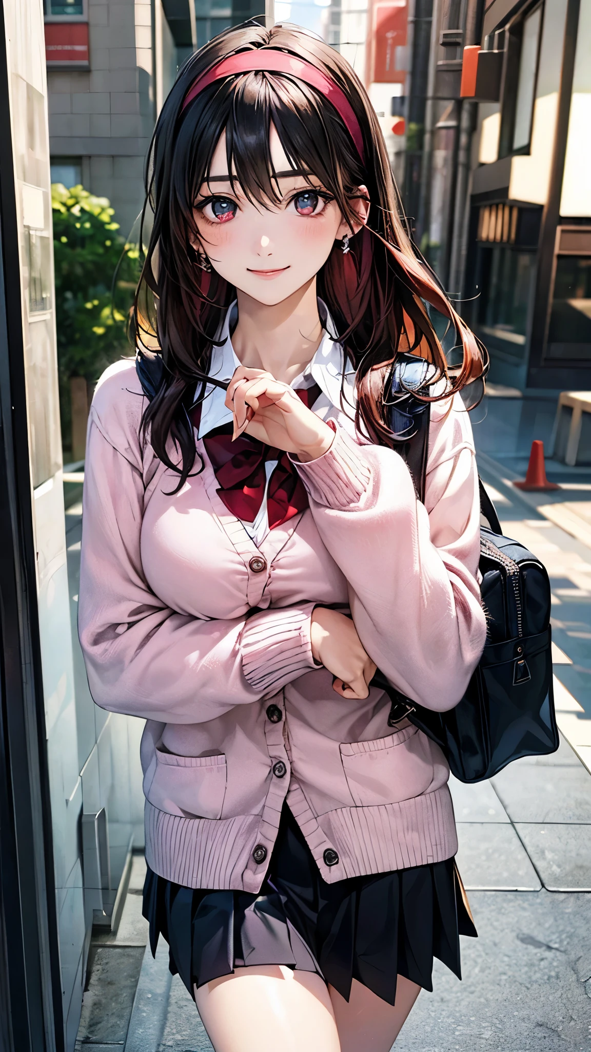 (masterpiece:1.2, highest quality), (realistic photo:1.4), beautiful illustrations, (natural side lighting, movie lighting),
looking at the viewer, 1 girl, japanese, high school girl, perfect face, cute symmetrical face, shiny skin, baby face,
(long hair, straight hair, black hair), hair between eyes, maroon eye idol chest, seductive thighs, big ass), earrings, break (dark red hairband, dark red flat bow tie), break
beautiful hair, beautiful face, detailed and beautiful eyes, beautiful clavicle, beautiful body, beautiful breasts, beautiful thighs, beautiful feet, beautiful fingers, slender,
(white collared shirt, long sleeve pink knit cardigan, black pleated mini skirt), break navy school bag,
(beautiful scenery), evening, (downtown:1.2), walking, (cute smile, upper eye),