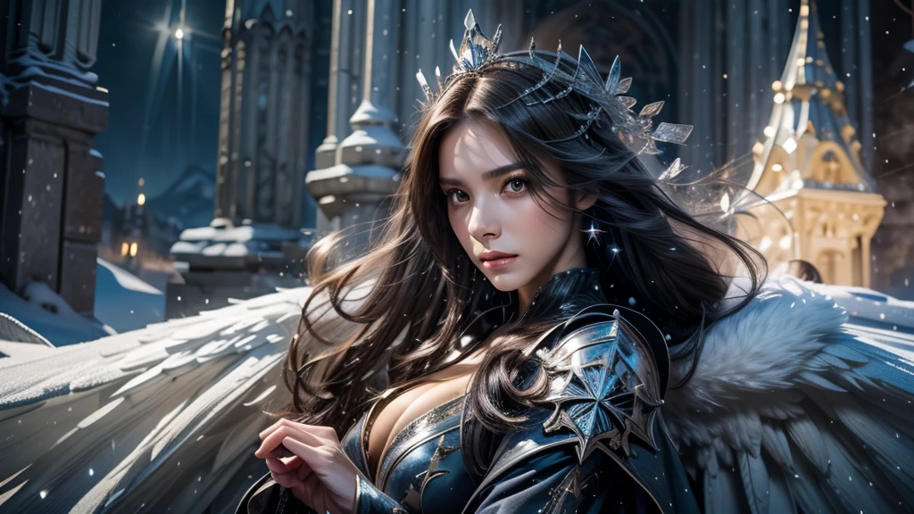 masterpiece, rest, best quality, Very detailed, Super real, 16K, high resolution, castle，snow, ((Starry Sky)),Female Mage，Gorgeous robe，Complex Mode，Pretty Face，Closed mouth，dramatic，Upper Body，Glowing scepter，Black Wings，Large Breasts