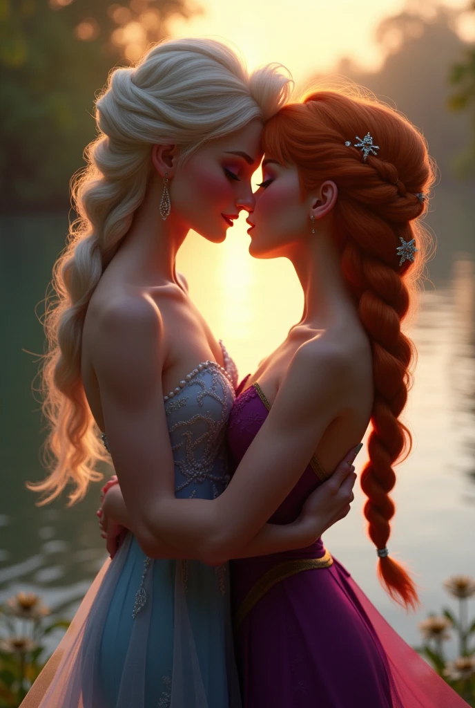 Naked Princess Elsa and naked Anna kiss at dawn