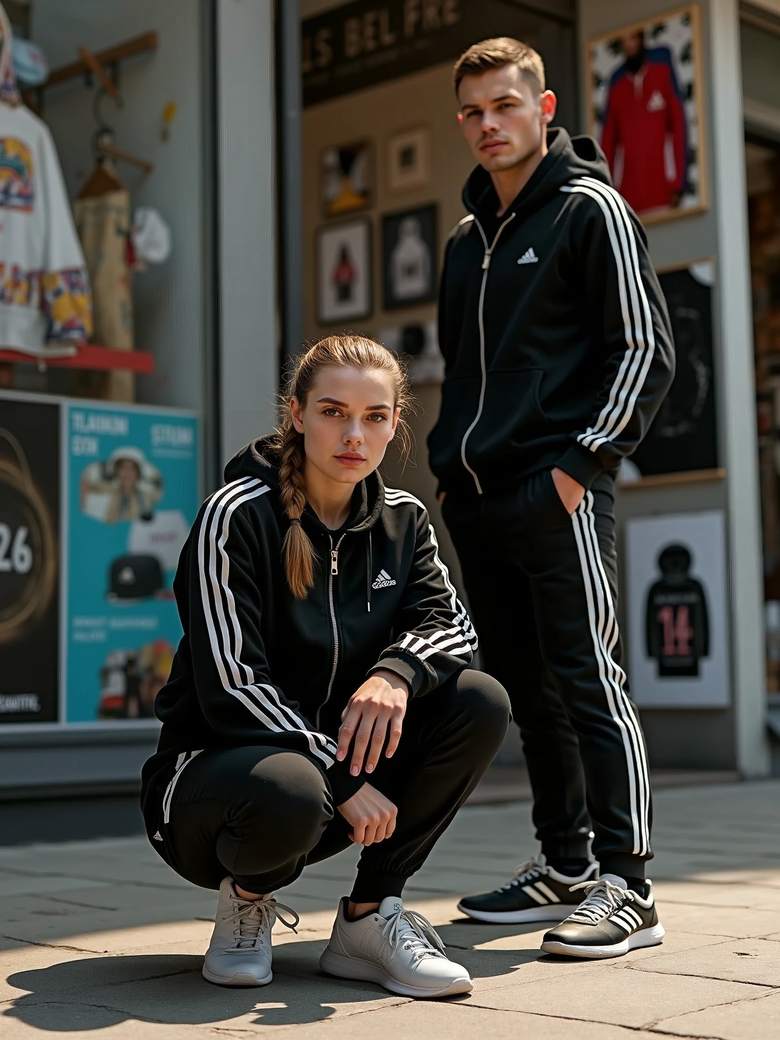 woman in black adidas tracksuit squatting, shade, ava max, images on sales site, slavic style, model photo, man in adidas tracksuit, photorealistc, hats, emoji, russian clothes, application