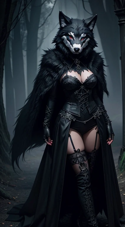 wolf mask, 1girl, gothic style, creepy, sexy, dark fantasy, magic ball background, dark energy steam, full body