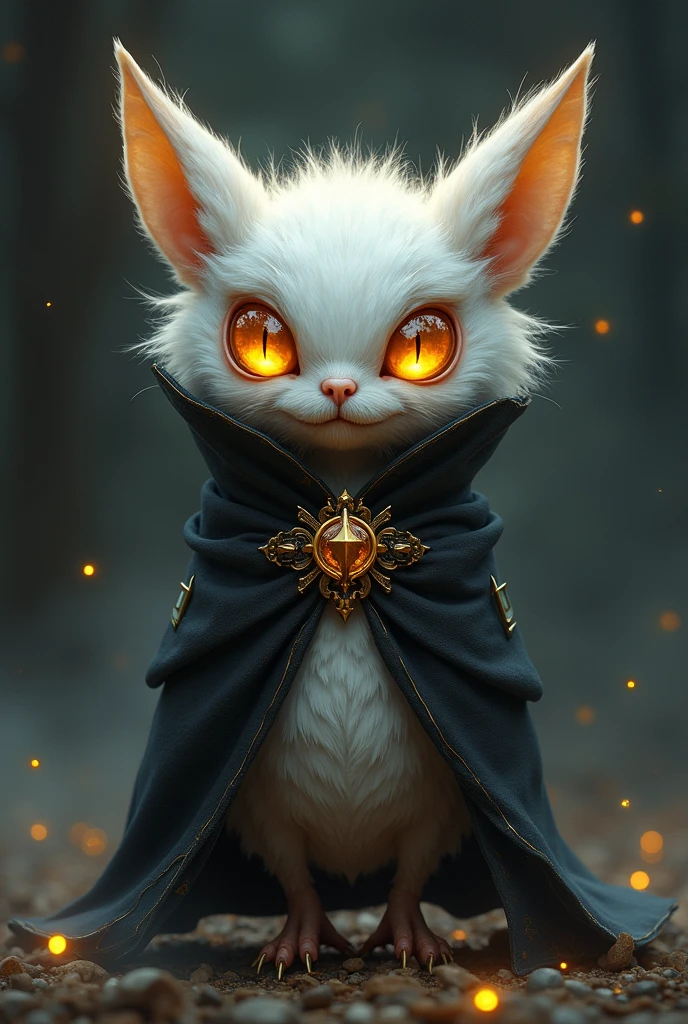 I want you to create a character for me that has the characteristics of the style of a video game called Hollow Knight that adopts a drawing style influenced by Tim Burton with the following words:
The character was a moth, a small creature shaped like a cocoon instead of a head..., covered with hairy feathers of a bright white color. His eyes had an orange glow that reflected like flashes of light., While his little sideburns and thin legs gave him an adorable appearance.... A faint aura of light enveloped him as if he were a faint cloud... The creature that was a moth has a cape and has a striking and unique appearance..,Made of feathers and essence., The cloak was woven with skill and precision to completely cover her body....The colors and designs of the cape reflected the very essence of The Flash...., as well as the soft and smooth texture of its feathers.... Wrapping the wearer, The cape fit him perfectly and covered him completely...., like a second skin that protected him from darkness and infections.central figure: The central figure resembles an abstract face with pointed features.. On top, It has a kind of crown with spikes, and two shapes that look like eyes shine with a golden hue, giving the impression of being eyes.
facial features: Under these eyes, There is an elongated, sharp feature that could be interpreted as a nose or beak., leading down to what appears to be an ornate, pointed chin or lower part of the face.
Winged Structures: This central figure is framed by what appear to be feathers or wings on either side., adding a majestic and somewhat ethereal quality to the emblem.The cape covers his face in black.