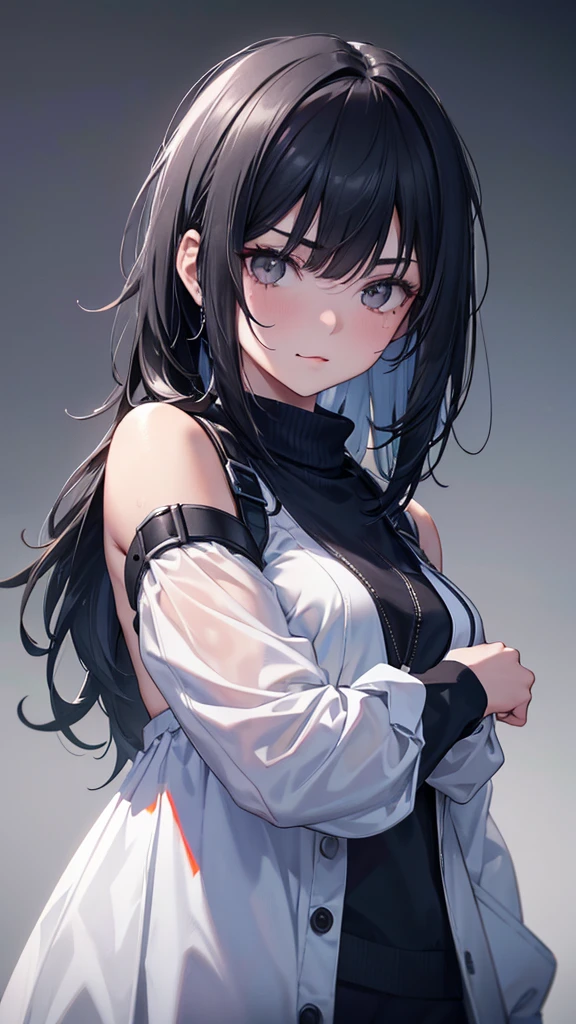 Serious teenage girl, Messy black hair, White eyes, Scar on one eye, Sunburned skin, Stylish black and white outfit, Attractive body, Dark and cold look, Detailed portrait, 8k, photograph (Highest quality) . ,4K,8k,High resolution,masterpiece:1.2),Very detailed,(Realistic,photoRealistic,photoRealistic:1.37),Vibrant colors,Sharp focus,Physically Based Rendering,Extremely detailed,Professional tongue out, whole body