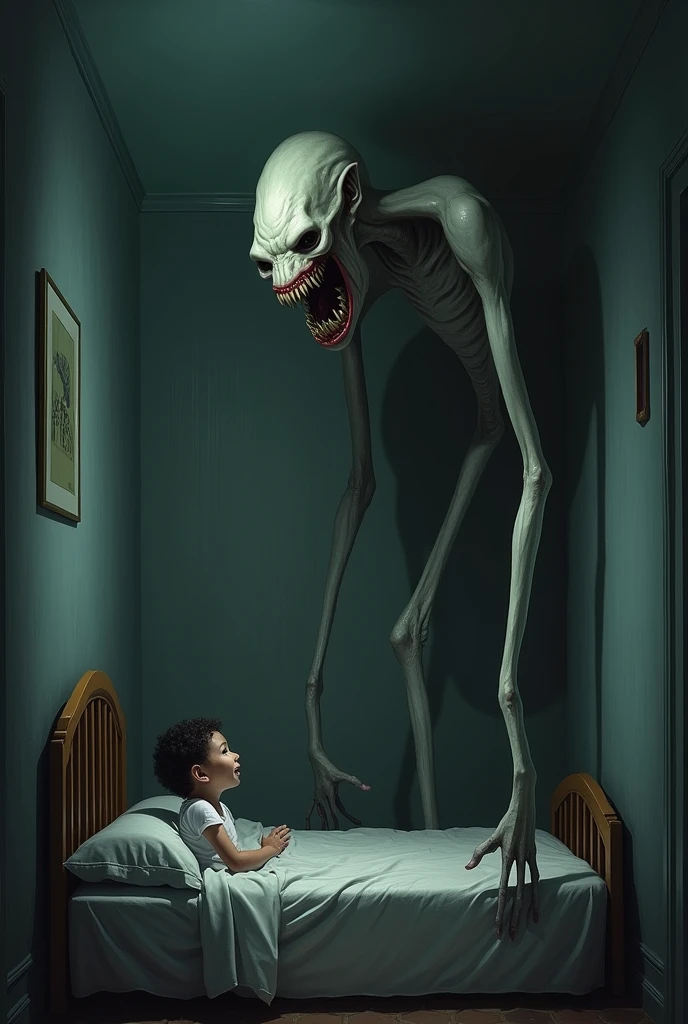 The creature was tall, thin and pale-skinned, both arms were longer so they touched the floor, he had no eyes but had a mouth full of sharp teeth, he was in the corner of the room, ready to prey on the naughty () boy who was scared upstairs. the mattress