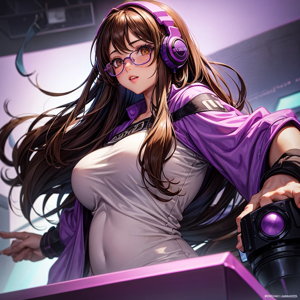 Draw a girl, Brown eyes, with glasses, long brown hair, chubby with freckles, with purple gamer headphones, with a control gamer, with a lot of bust with provocative clothes, purple background