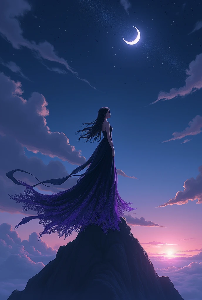 Create an anime image of a queen wearing a black dress with purple patterns standing on a mountaintop at night with her back to the viewer and looking up at the stars.