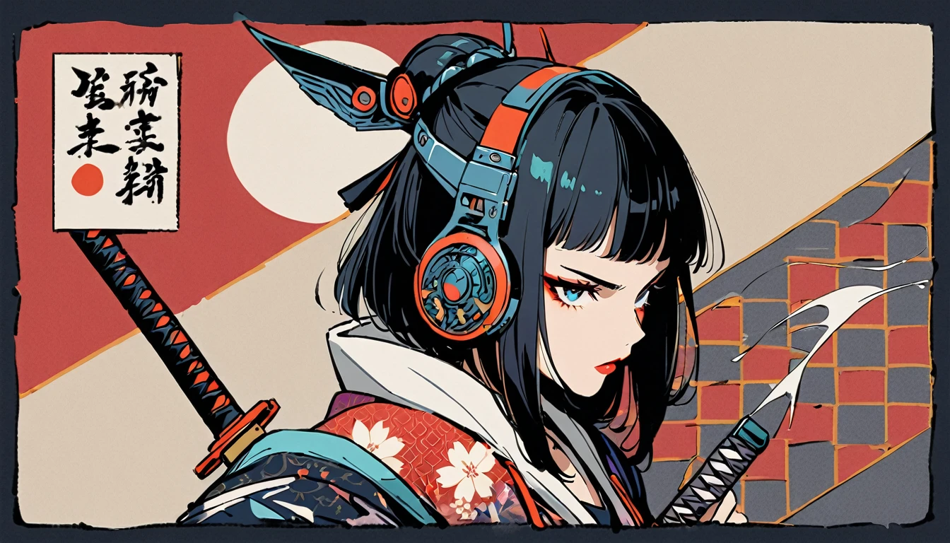 (((1 girl))), (((Flashy makeup))), (((Japanese style headphones))), (((Japanese pattern hoodie))), (((Japanese sword))), (((Female samurai))), Japanese beautiful girl, Black Hair, Delicate and precise, Modern ukiyo-e style, Japanese flag, battle style