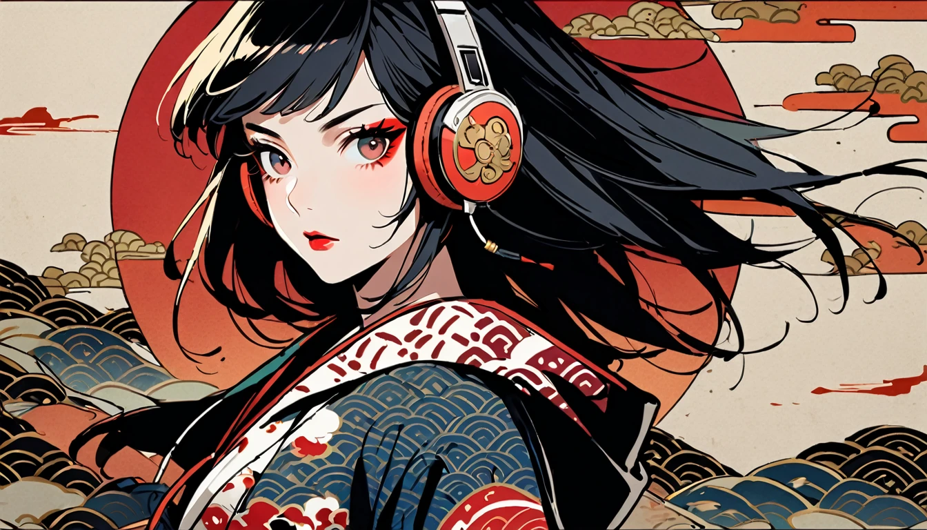 (((1 girl))), (((Flashy makeup))), (((Japanese style headphones))), (((Japanese pattern hoodie))), (((Japanese sword))), (((Female samurai))), Japanese beautiful girl, Black Hair, Delicate and precise, Modern ukiyo-e style, Japanese flag, battle style