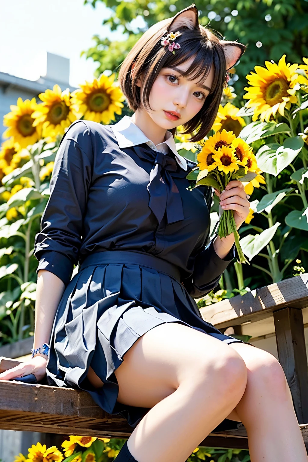 Masterpiece, bokeh,  (Sun Flowers background:1.4), (Holding flower bouquet:1.3), (Beautiful face), (Detailed face), (Japanese idle), (School uniform:1.3), (Pleated skirt:1.3), (Blushed face:1.3), (Plump breast:1.2), (Sitting in colourful flower garden:1.5), (Cat ears:1.3),, (From below:1.5),