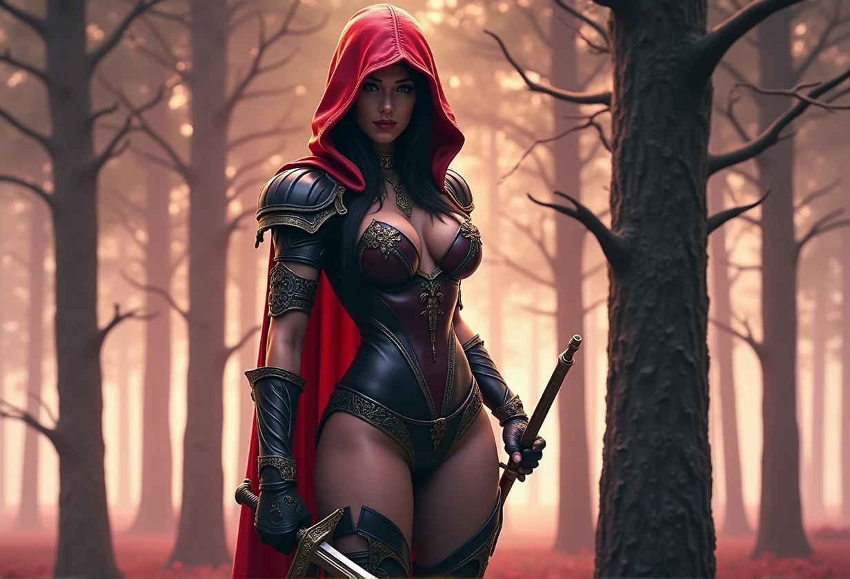 extremely beautiful large breasted red riding hood, subtle makeup, golden hour, photorealistic, high contrast, 8k HD, detailed, hyper-detailed, realistic skin texture, covered with red hood, big breast, best quality, ultra high res, raw photo, dramatic lighting, unreal engine, diffuse glow, intricate red hood, outdoor, realistic detailed dark forest, holding sword, facing the viewer full body shot,