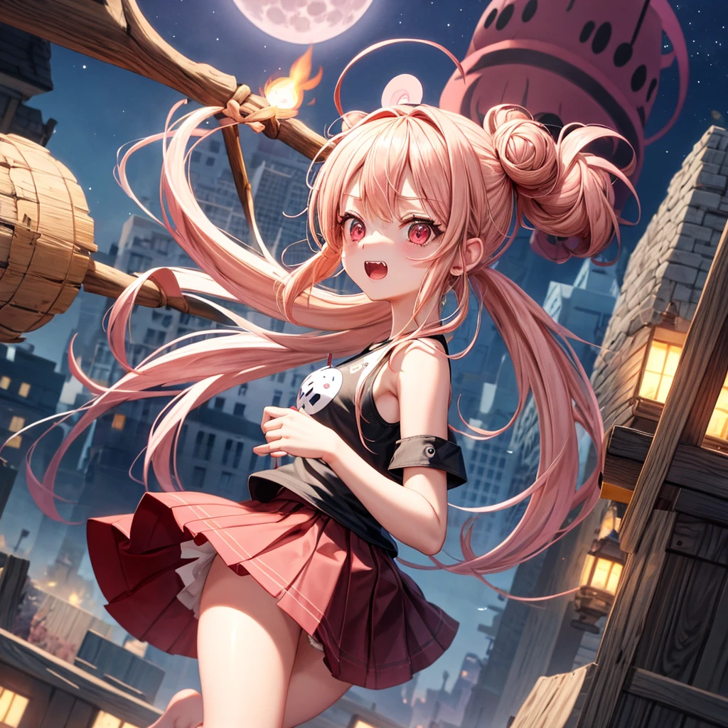 Pink Blonde、Red eyes、Hair tied up、One cute girl、solo、And soul、Checked mini skirt、black t-shirts、one piece、bear ears baseball cap、large tree、Thundercloud、Burning Full Moon、The tree is dead、Candle、Cardboard boxes are piled up、Teeth are visible、Fortress City、Tilting face、Starry Sky、A teddy bear is jumping