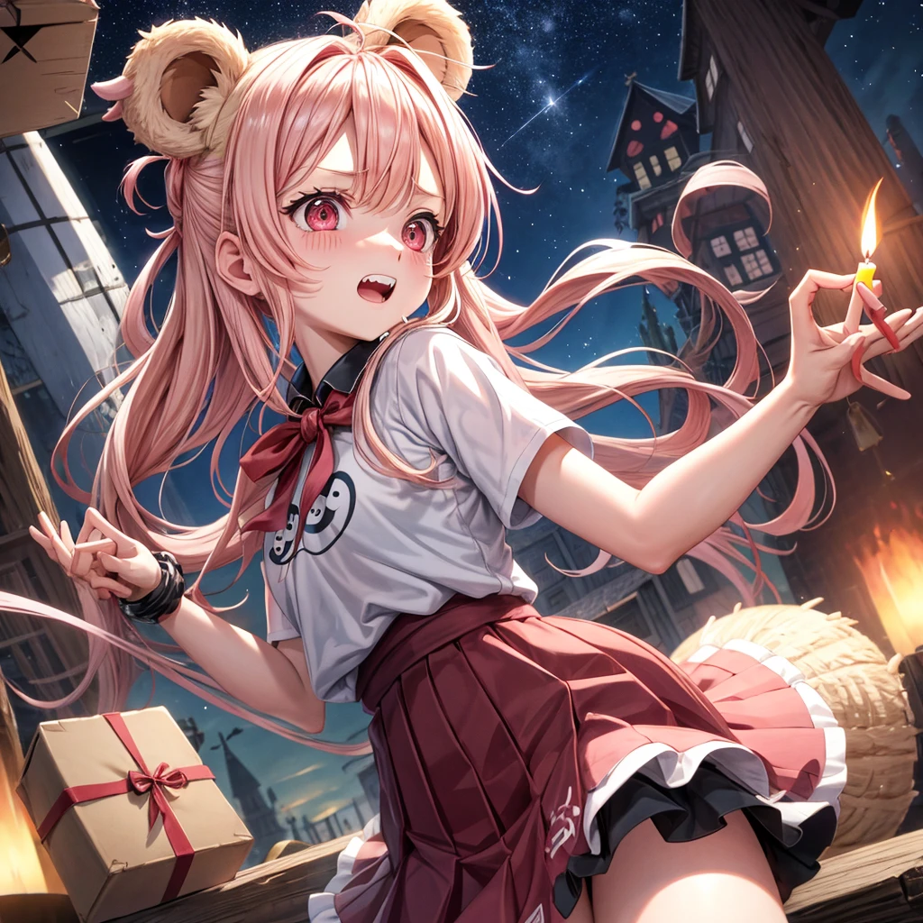 Pink Blonde、Red eyes、Hair tied up、One cute girl、solo、And soul、Checked mini skirt、black t-shirts、one piece、bear ears baseball cap、large tree、Thundercloud、Burning Full Moon、The tree is dead、Candle、Cardboard boxes are piled up、Teeth are visible、Fortress City、Tilting face、Starry Sky、A teddy bear is jumping
