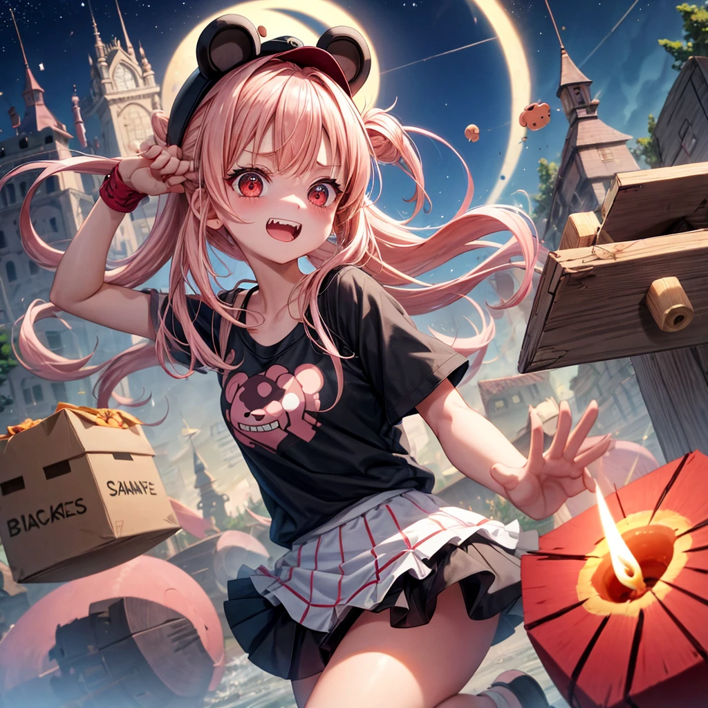 Pink Blonde、Red eyes、Hair tied up、One cute girl、solo、And soul、Checked mini skirt、black t-shirts、one piece、bear ears baseball cap、large tree、Thundercloud、Burning Full Moon、The tree is dead、Candle、Cardboard boxes are piled up、Teeth are visible、Fortress City、Tilting face、Starry Sky、A teddy bear is jumping