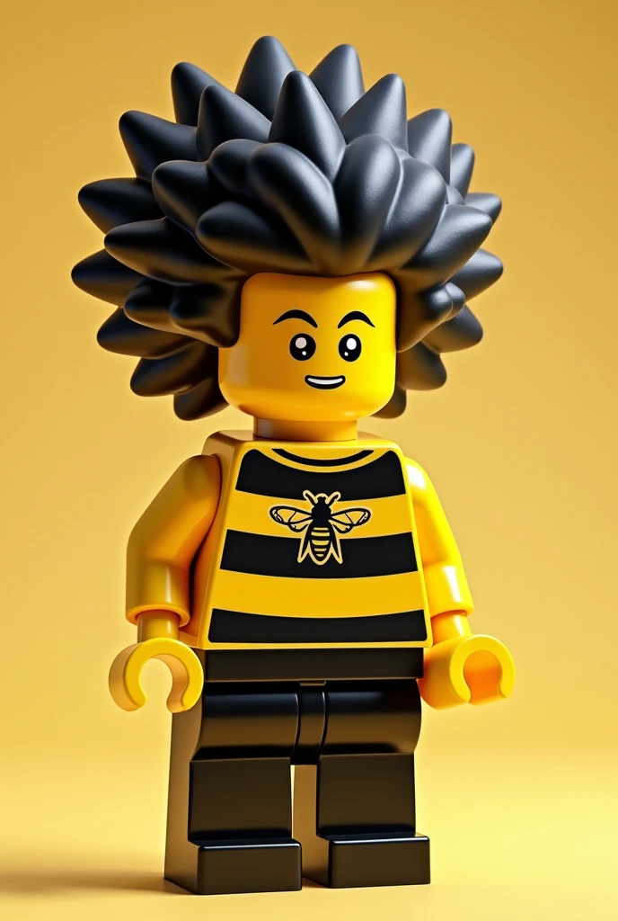 A lego with big, voluminous hair and a black and yellow striped outfit with a tiny bee design in the middle of the shirt
