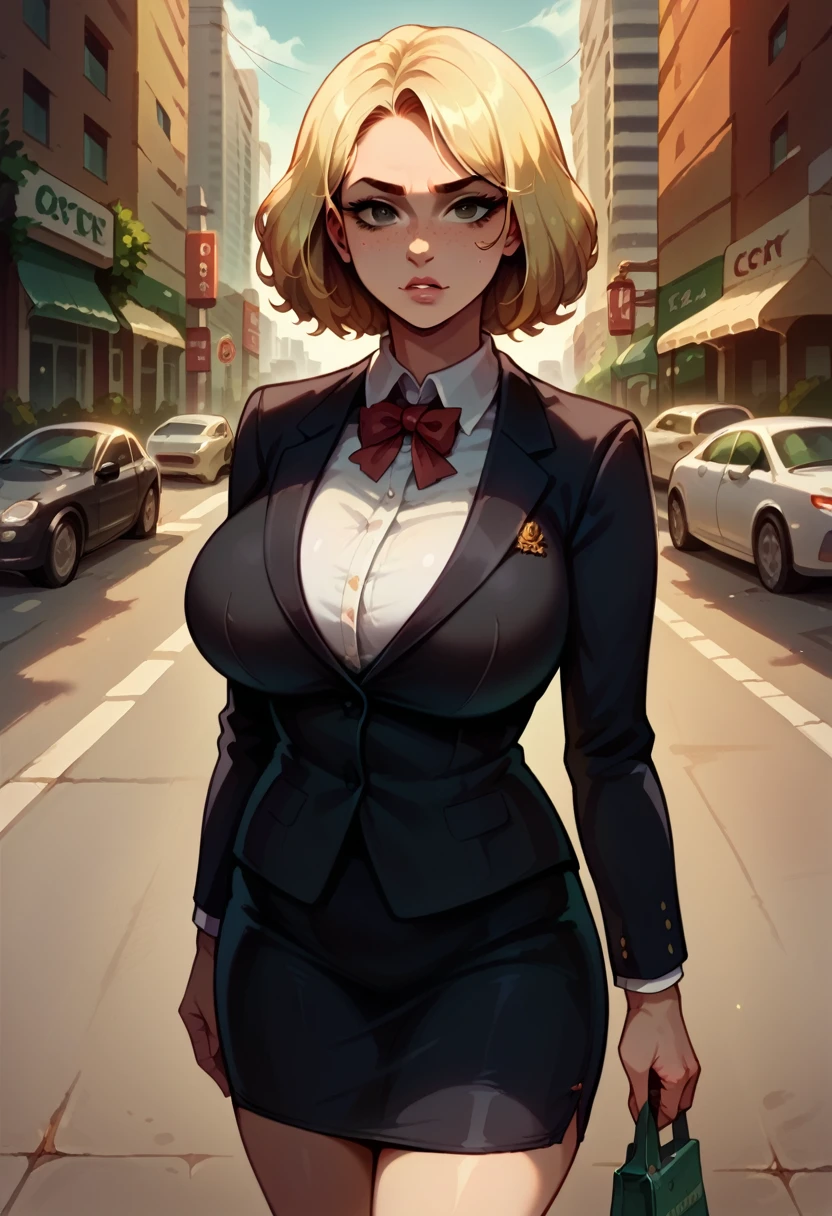 illustration, detailed illustration, ultra detailed, dynamic angle, 1girl, medium blonde hair, stylish hair, big brown eyes, light freckles, sexy, large breasts, business suit, arrogant look, skirt, city street
