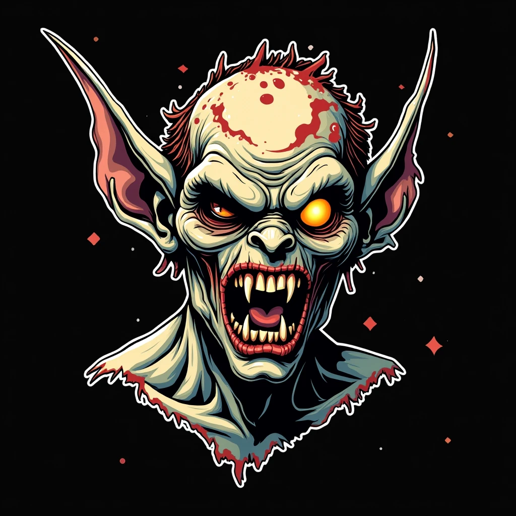 /imagine prompt: evil zombie goblin illustration for a sticker with a black background, in bold outline style, jagged edges, trashcore, light shading --v 5.2