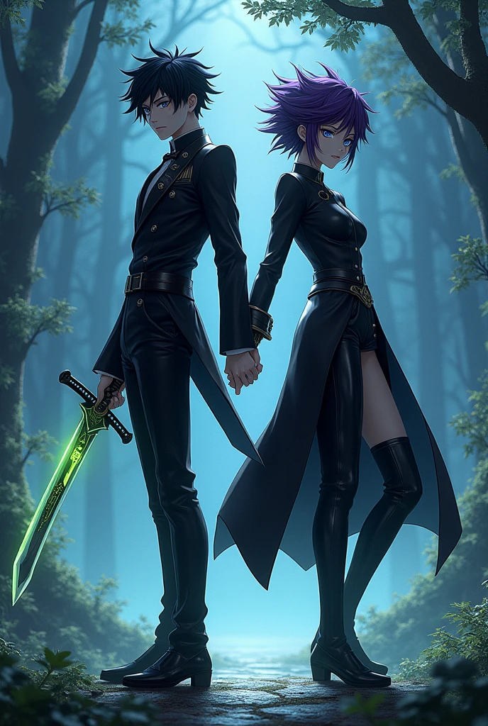 An Assassin with hair with a black-purple Mina Ashiro style hairstyle with white eyes, Lemon Irvine's eye design, a black and blue Scissor Seven Tertin style suit. It would be Doctor Yosano, a green and white katana with a background of a landscape with stars, holding hands with her Assassin with Mashle style hair and Dazai style eyes, Soujiro Joshima style suit, Dazai style shoes.