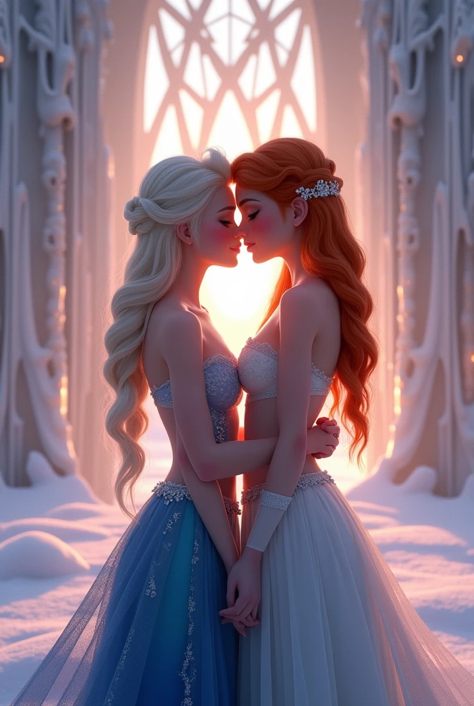 A stunning portrait of Elsa and her sister Anna, they are kissing, young and beautiful, hyper realistic, real portrait, backlit, exquisite features, cleavage, Elsa is showing her vagina to Anna and asking her to lick her vagina, she is inserting his fingers in her vagina under her skirt, she is fingering her, Elsa is in ecstasy