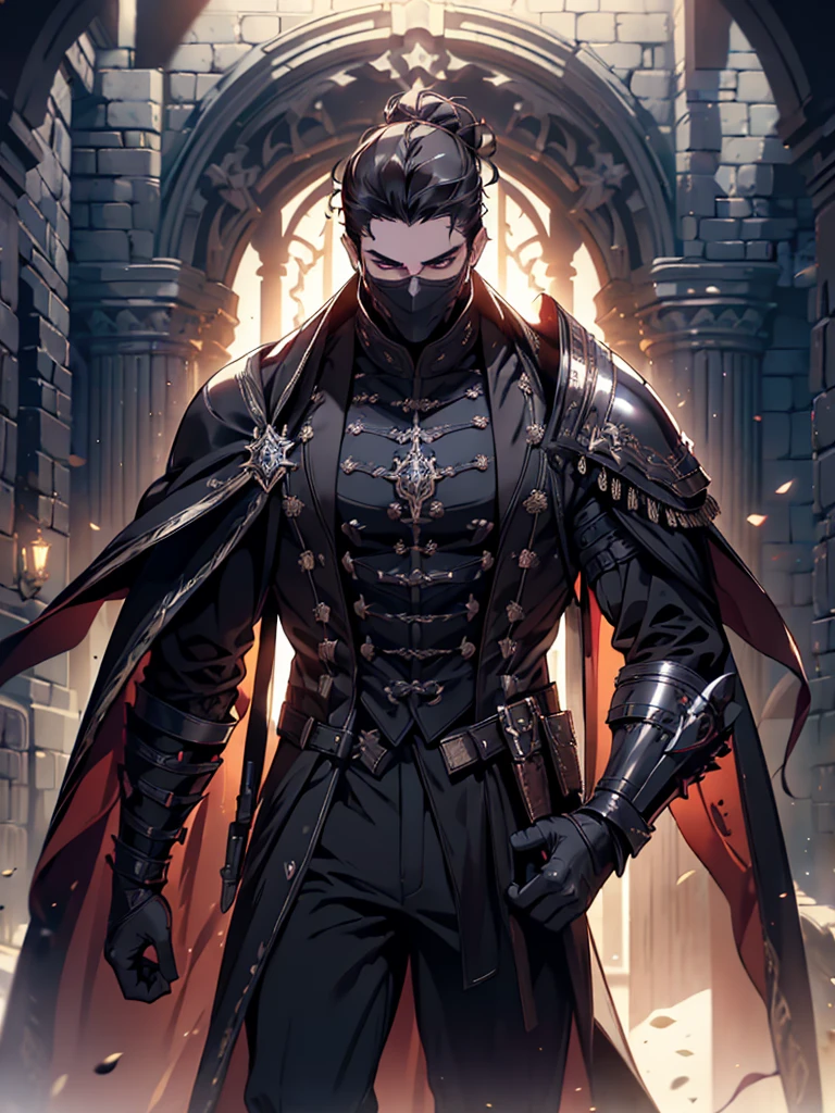 (masterpiece, high quality, cinematic lighting, backlighting, sharp colors)
Tall muscular young man, black hair tied in a bun, dark eyes, compact muscles. Face hidden by a full iron mask, expressionless. Wears medieval robe, leather shirt and pants, armor plates on vital areas. Dark crime scene background, shadowy atmosphere.
