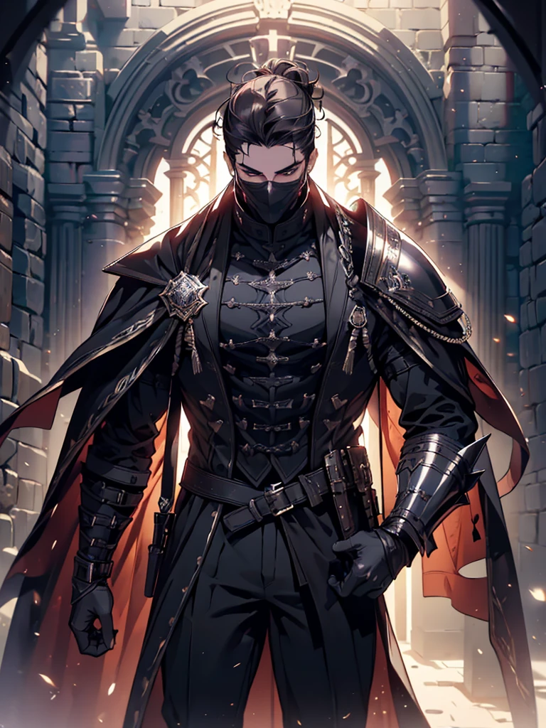 (masterpiece, high quality, cinematic lighting, backlighting, sharp colors)
Tall muscular young man, black hair tied in a bun, dark eyes, compact muscles. Face hidden by a full iron mask, expressionless. Wears medieval robe, leather shirt and pants, armor plates on vital areas. Dark crime scene background, shadowy atmosphere.