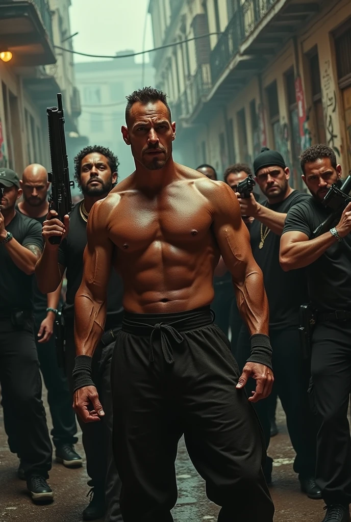 Pictures of Van Damme and the gangs raising weapons on her