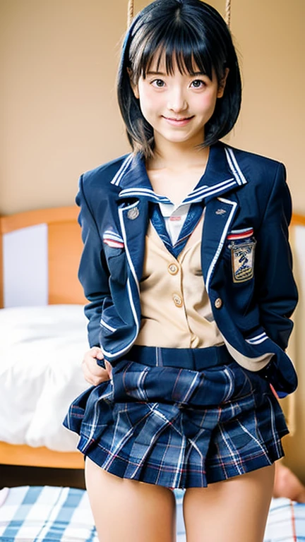 (Highest quality), (Beautiful 14 year old Japanese girl), (Moisturized lips), Narrow eyes, double eyelid, Delicate clavicle, Flat Chest , underdeveloped udder, smile, (Spotted sunlight: 1.2), Professional Lighting, (Petite figure), (Sunburned skin: 0.2), Full body photo, Full Body Focus, (Standing on tiptoes、forward leaning posture)、A fine honor student、Slender body、(Navy blue blazer uniform:1.5)、Boyish ultra-short hair、Stylish white bedroom、Ribbon on chest、Sweep all your hair back、Completely naked、Lift up the skirt、You can see inside her skirt、Tied up with hemp rope and hung from the ceiling、