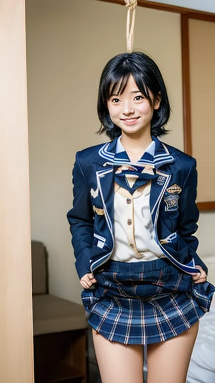 (Highest quality), (Beautiful 14 year old Japanese girl), (Moisturized lips), Narrow eyes, double eyelid, Delicate clavicle, Flat Chest , underdeveloped udder, smile, (Spotted sunlight: 1.2), Professional Lighting, (Petite figure), (Sunburned skin: 0.2), Full body photo, Full Body Focus, (Standing on tiptoes、forward leaning posture)、A fine honor student、Slender body、(Navy blue blazer uniform:1.5)、Boyish ultra-short hair、Stylish white bedroom、Ribbon on chest、Sweep all your hair back、Completely naked、Lift up the skirt、You can see inside her skirt、Tied up with hemp rope and hung from the ceiling、