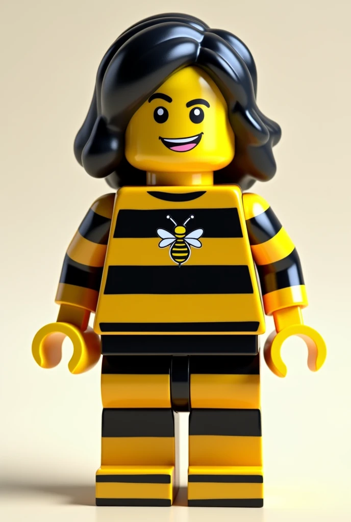 A medium-haired Lego wearing a black and yellow striped outfit with a tiny bee design in the middle of the shirt