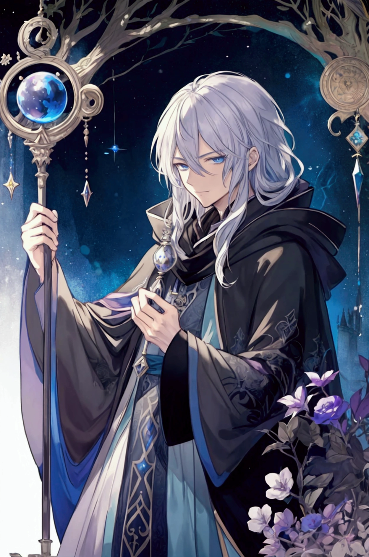 (Masterpiece), ((Highest Quality)),(Official Art),Surreal magical:1.2),(1 Male anime boy: 1.3), A mysterious, beautiful wizard with long platinum hair, black wizard cloak, shadowed face covered by hood, blue eyes, smirk, large mage staff, straight hair, magical void swirls. Detailed drawing. Detailed eyes. Masculine jaws. Soft fairytale picture book, Arthur Rackham. Colorful, best detailed ((super detailed)), (highly detailed 2D anime boy illustration), ((magical and beautiful))