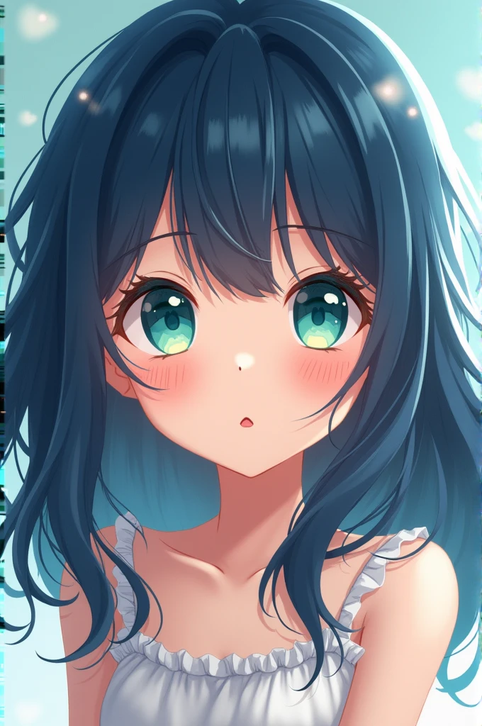 Young anime girl with navy blue hair and mint green eyes