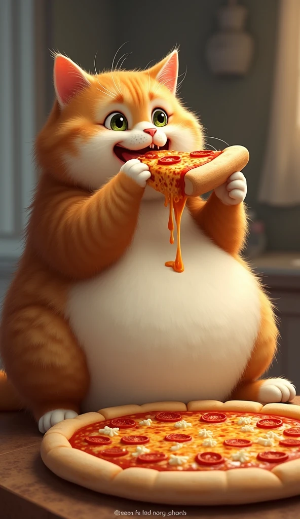 A fatty cat eating pizza