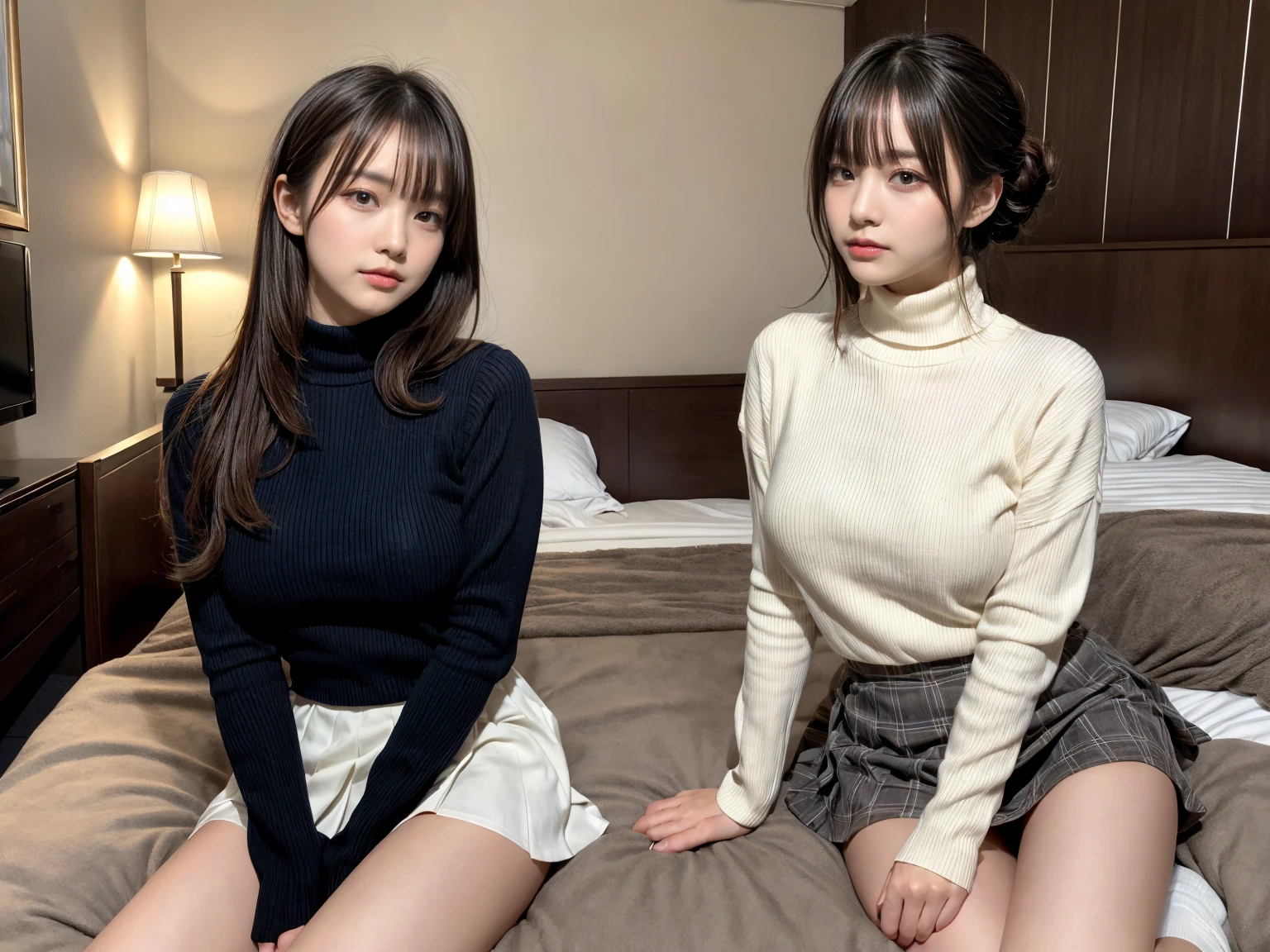 masterpiece, best quality, illustration, Super detailed, fine details, High resolution, 8K,wall paper, perfect dynamic composition,(Details High quality, realistic depiction of eyes:1.3), (2 girls), updo), white turtleneck sweater, pleated skirt, sitting, open legs, short bob hair, in a hotel room in the background, deep on field, large breasts, black hair color, Big Natural Color Lip, (perfect body shape), crying a little、Harajuku style、20 year old girl、cute type、beautiful legs, Gravure Idol