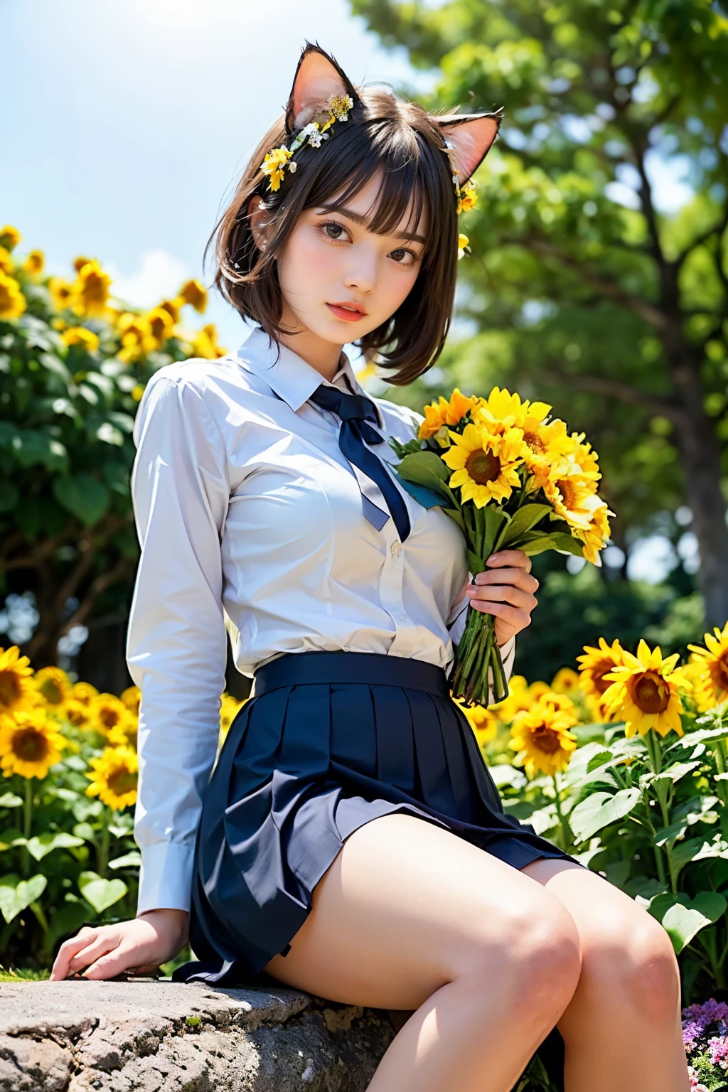 8K、RAW Photos、Highest quality、Super detailed、Super Resolution、Ultra HD、8K壁紙、Amazing details American blazer uniform girl ((White blouse with formal collar, Blue blazer, Blue plaid skirt, Red checkered ribbon on blouse)), Complete limbs, Full Finger,
A large sunflower field in the countryside、Straight road、Walk through the sunflower field,smile、sun、School bag、Heart Necklace
(((Emphasize cleavage)))
(((Full body photo)))
((Blue sky))