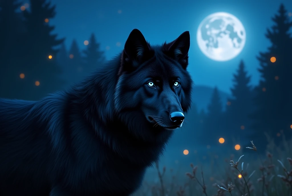 Beautiful black wolf with blue; slightly glp eyes. In the background a night landscape in nature. The moon is shining. Fireflies. Magical lights fly around. Magical night.