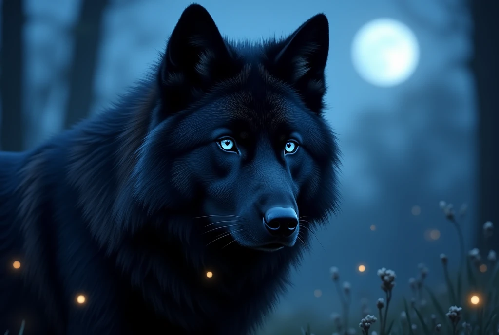 Beautiful black wolf with blue; slightly glp eyes. In the background a night landscape in nature. The moon is shining. Fireflies. Magical lights fly around. Magical night.