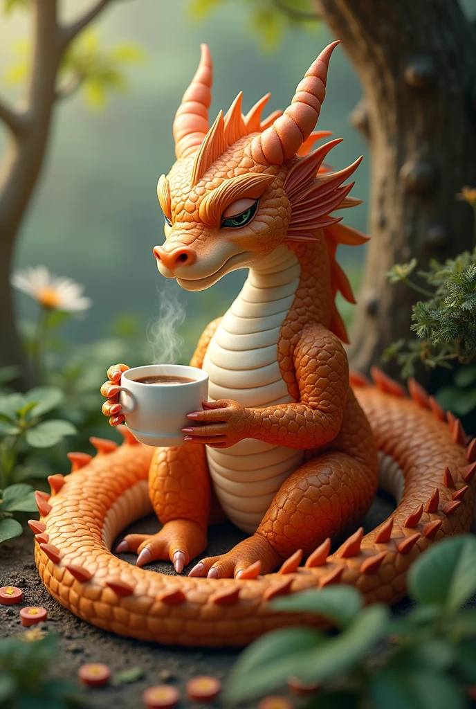 Chinese style brown dragon,Background garden,Trees,dragon holding coffee,Relaxed expression,like a lady