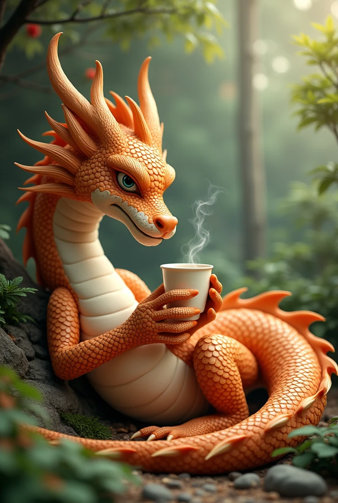 Chinese style brown dragon,Background garden,Trees,dragon holding coffee,Relaxed expression,like a lady