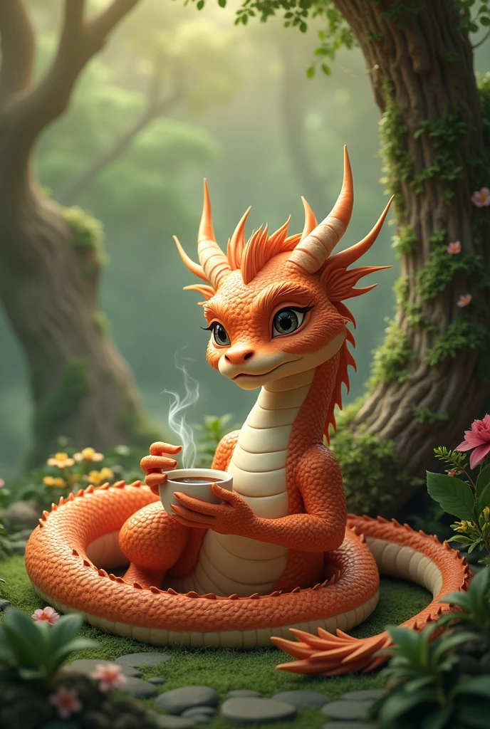 Chinese style brown dragon,Background garden,Trees,dragon holding coffee,Relaxed expression,like a lady